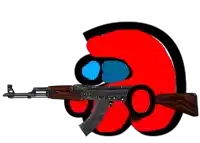 a red among us character holding a gun