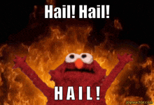 elmo is standing in front of a fire and says hail hail hail