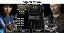 two men playing a video game with the words hop on tarkov above them