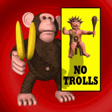 a monkey holding a banana next to a yellow sign that says no trolls