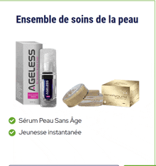 a bottle of ageless serum sits next to a box of ageless instant youth cream