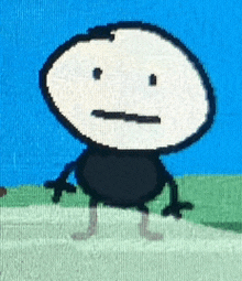 a cartoon character with a sad face is standing in a field