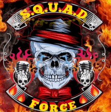 a logo for squad force with a skull wearing a hat and bow tie