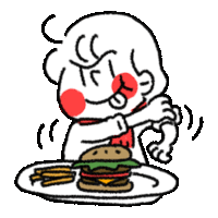 a cartoon character is eating a hamburger and french fries on a white plate .