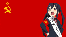 a red background with a hammer and sickle and a girl wearing a sash