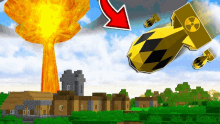 a yellow bomb with a radioactive symbol on it is flying over a village