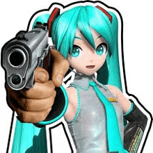 hatsune miku is holding a gun and pointing it at the camera .