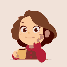 a girl in a red sweater is holding a yellow cup of coffee