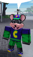 a chuck e cheese character is wearing a purple hat