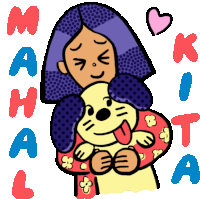 a cartoon drawing of a woman holding a dog with the words mahal kita written below her