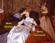 a painting of a woman being kissed on the cheek by two other women named thom and mme alcover