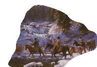 a painting of native americans riding horses in the snow