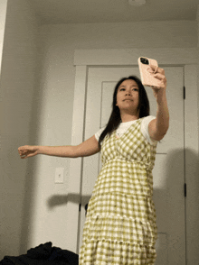 a woman in a plaid dress is taking a selfie with her cell phone