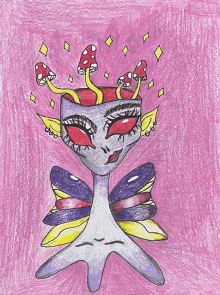 a drawing of a fairy with mushrooms coming out of her head