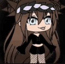 a gacha girl with long brown hair and a crown on her head is wearing a black outfit .