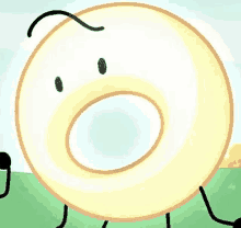 a cartoon drawing of a donut with a face and arms .