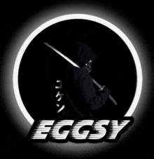 a person holding a sword in a circle with the word eggsy