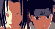 two anime characters , sasuke and itachi , are standing next to each other and looking at the camera .