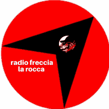 a red circle with the words radio freccia la rocca in white