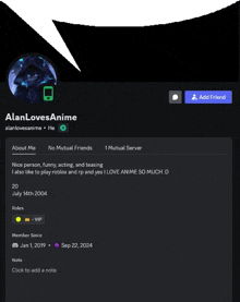 a screenshot of alanlovesanime 's profile with a speech bubble