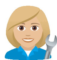 a woman in a blue shirt holds a wrench