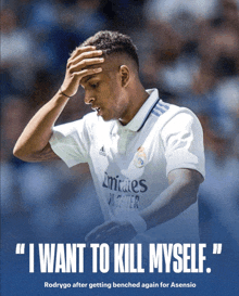 a poster of a soccer player with the words " i want to kill myself " on it