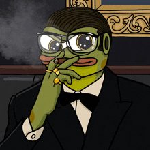 a cartoon frog wearing glasses and a bow tie is smoking a cigar