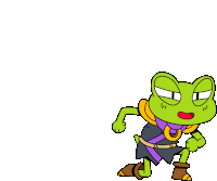 a cartoon of a green frog wearing a purple scarf