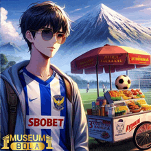 a boy in a blue and white striped shirt with the word sbobet on the front