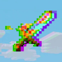 a colorful pixel art of a sword with a blue sky in the background