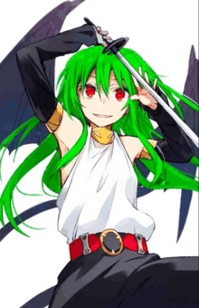 a drawing of a girl with green hair and red eyes holding a sword