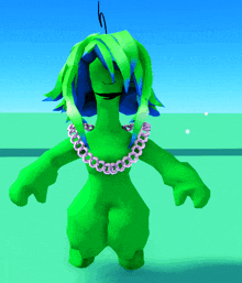 a cartoon character with green hair and a pink necklace