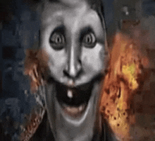 a painting of a scary clown with a big smile on his face and a fire in the background .