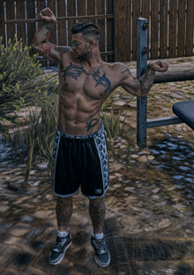 a shirtless man with a tattoo on his chest is flexing his muscles in a video game