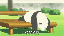 a panda bear is laying on a wooden bench with the word omar written on it .