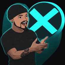 a cartoon of a man with a tattoo on his arm and a blue x in the background