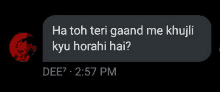 a screenshot of a text message that says `` ha toh teri gaand me khujii kyu ho rahi hai ? ''