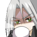 a cartoon character with white hair and green eyes is drinking from a white cup .