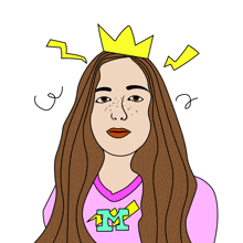 a drawing of a girl wearing a crown and a shirt with the letter m on it