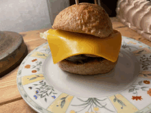 a sandwich with a slice of cheese on top of a bun on a plate