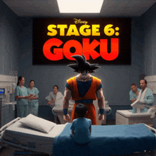 a poster for stage 6 goku shows goku standing next to a child in a hospital bed