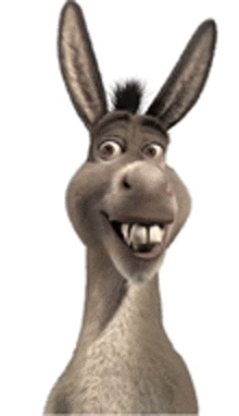 a donkey from shrek is smiling for the camera .