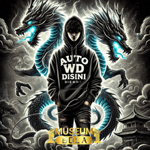 a hoodie that says auto wd disini is surrounded by two dragons