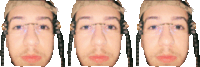 three pixelated faces of a man wearing glasses