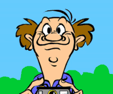 a cartoon of a man holding a camera making a funny face