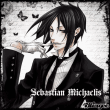 a picture of sebastian michaelis from black butler with a butterfly in the background