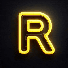 a yellow neon letter r is glowing in the dark .