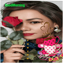 a woman is holding a red rose in front of her face with the words good morning for you below her