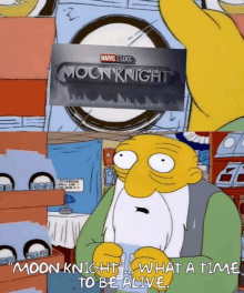 mr. homer simpson is looking at a poster for marvel studios ' moon knight