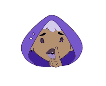 a cartoon character with a purple hood is making a shhh sign